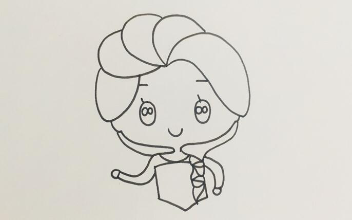 在面部補(bǔ)充畫出艾莎公主的五官后，往下畫出她的上半身衣服與手部動作.jpg