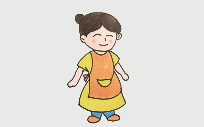 四、最后給媽媽涂上顏色。圍裙和鞋子涂上橙色，長(zhǎng)裙涂上黃色，褲子涂上藍(lán)色，頭發(fā)涂上棕色，臉頰涂上粉紅色。一位溫柔又善良的媽媽就畫好了.jpg