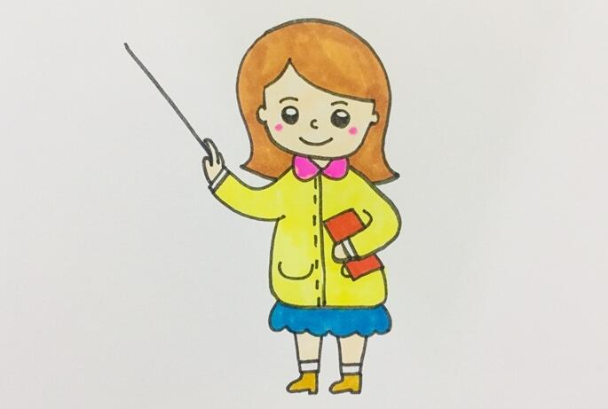 六、上衣涂成黃色，裙子涂成藍(lán)色，鞋子涂成深黃色，手中的書涂成紅色，一個(gè)溫柔美麗的長(zhǎng)發(fā)老師就畫好了。.jpg