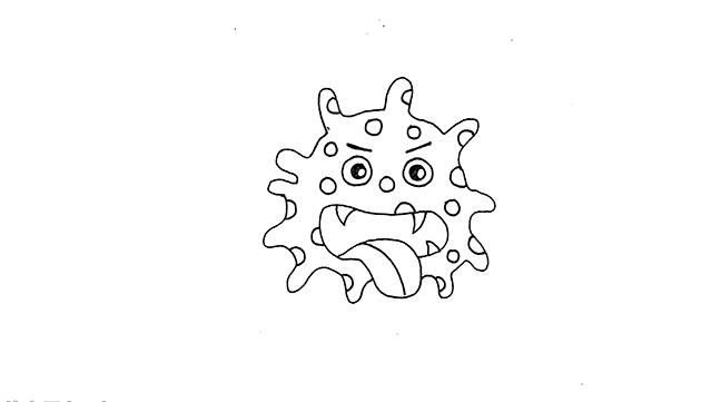 三、 繼續(xù)在上方畫上眉毛和圓圓的眼睛，里面畫上黝黑的眼珠子，再在病毒表面愛護(hù)誰一些圓圈作為它身上的斑紋。.jpg