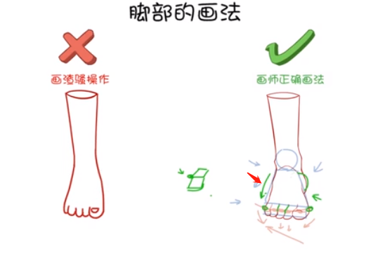 腳掌對(duì)腳后跟有一個(gè)遮擋的關(guān)系，所以在畫正面腳的時(shí)候，一定要注意.png