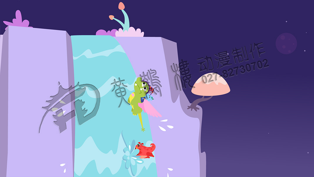 英語課動畫制作：眼看就要撞擊到瀑布了，一個仰飛，沖上了天，而小惡龍卻沒控制中，扎進了瀑布里.jpg