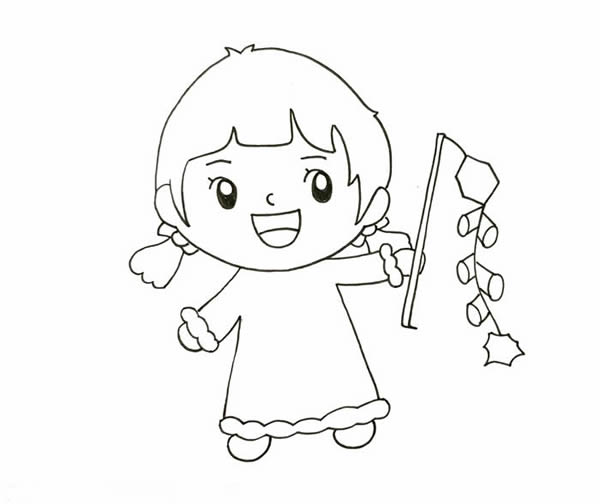春節(jié)小朋友放鞭炮簡(jiǎn)筆畫，新年小女孩放鞭炮簡(jiǎn)筆畫