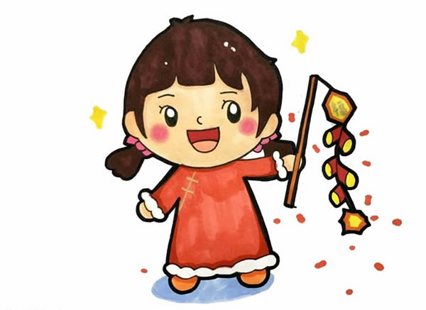 春節(jié)小朋友放鞭炮簡(jiǎn)筆畫，新年小女孩放鞭炮簡(jiǎn)筆畫