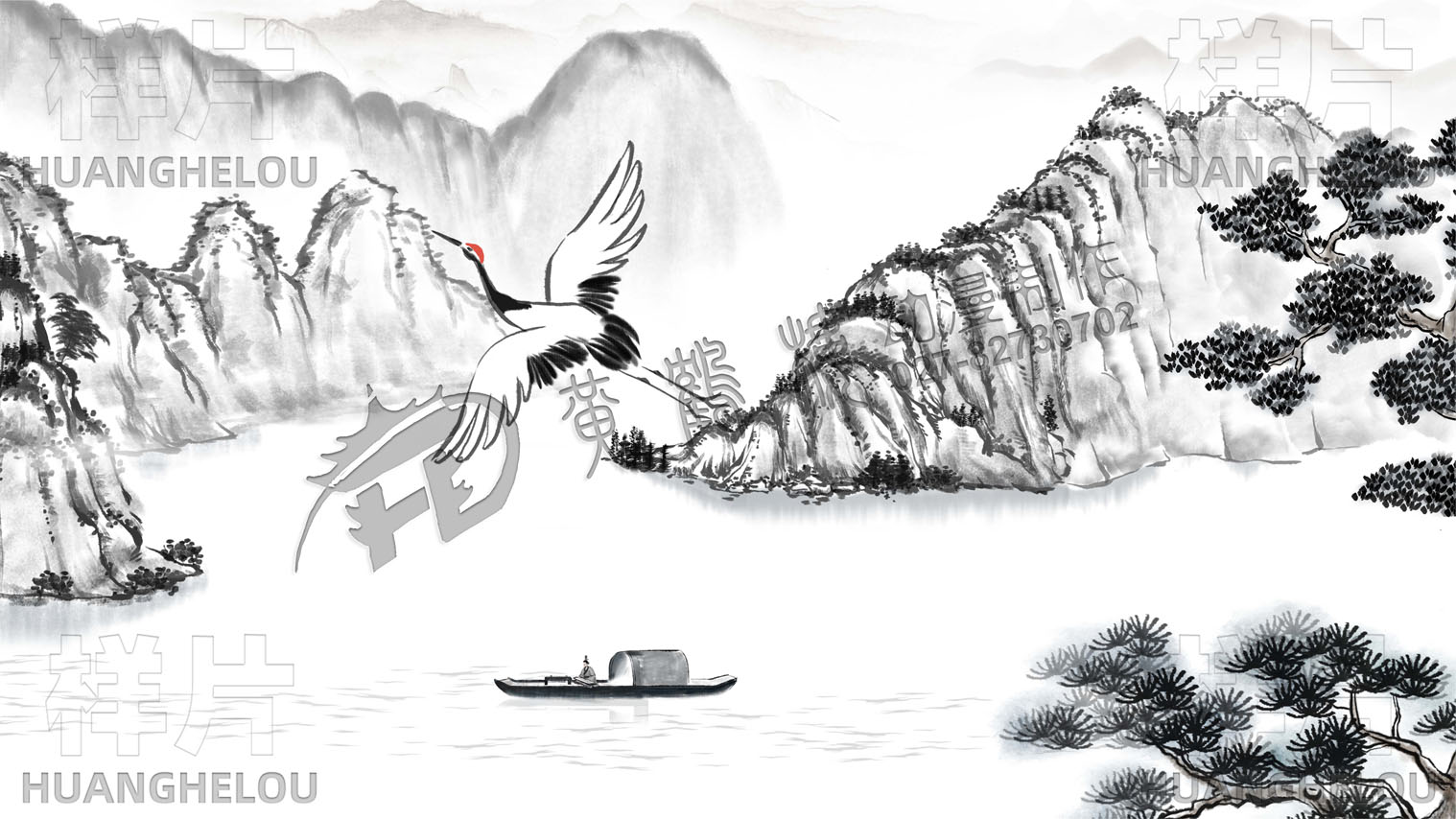 一只白鶴在空中翱翔飛過江面，帶出小船-3.jpg
